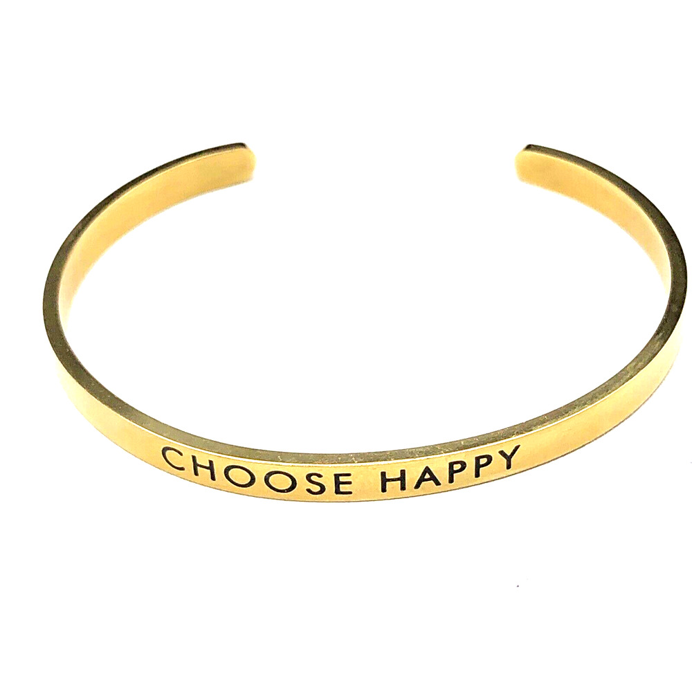 Inspirational Bracelet 6.75 inch CHOOSE HAPPY‎ Minimalist Thin Gold Tone Cuff
